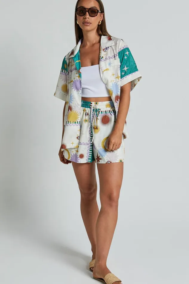 Sifani Shorts 8211 High Waist Elastic Drawstring Shorts In Cosmic Summer Women Showpo Shorts