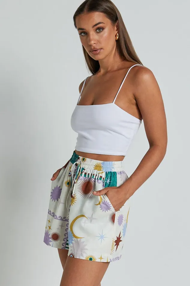 Sifani Shorts 8211 High Waist Elastic Drawstring Shorts In Cosmic Summer Women Showpo Shorts