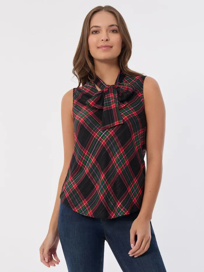 Sleeveless Bow Blouse Plaid Women Jones New York Tops and Blouses