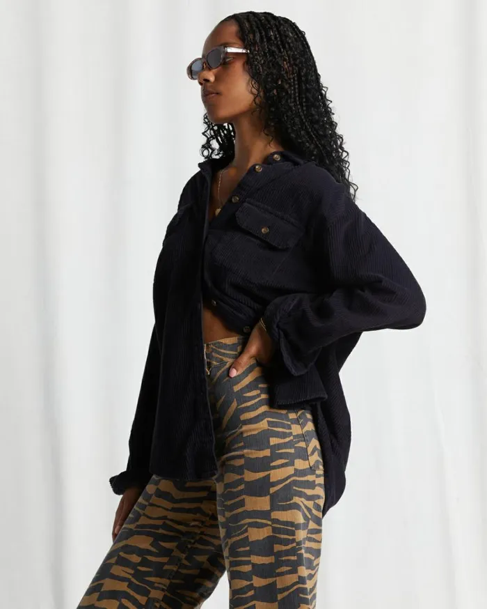 So Stoked Cord Long Sleeve Top Black Pebble Women Billabong Essentials