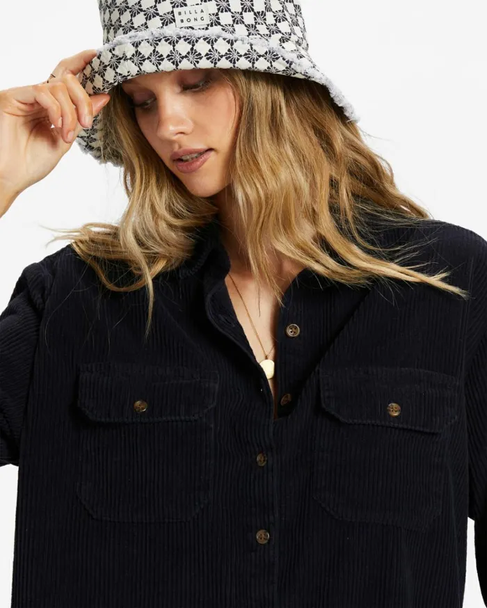 So Stoked Cord Long Sleeve Top Black Pebble Women Billabong Essentials