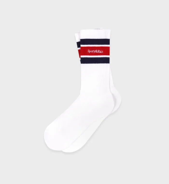Socks Women Sporty and Rich Serif Logo Striped Socks 8211 WhiteNavyRuby