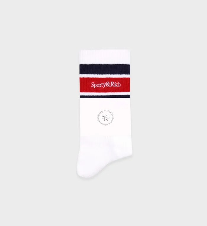 Socks Women Sporty and Rich Serif Logo Striped Socks 8211 WhiteNavyRuby