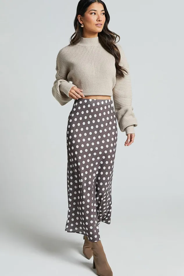 Sofia Midi Skirt 8211 Bias Cut Satin Slip Skirt In Chocolate Spot Women Showpo Skirts