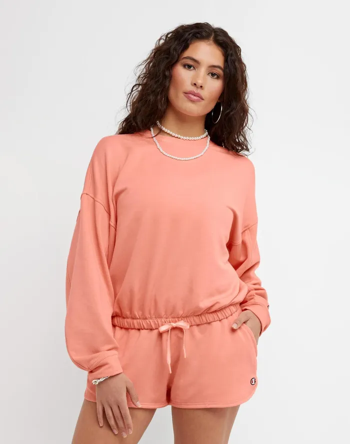 Soft Touch Drawstring Crewneck Sweatshirt C Logo Sugar Peach Women Champion Hoodies and Sweatshirts Soft Touch Drawstring Crewneck Sweatshirt C Logo Sugar Peach Women Champion Hoodies and Sweatshirts