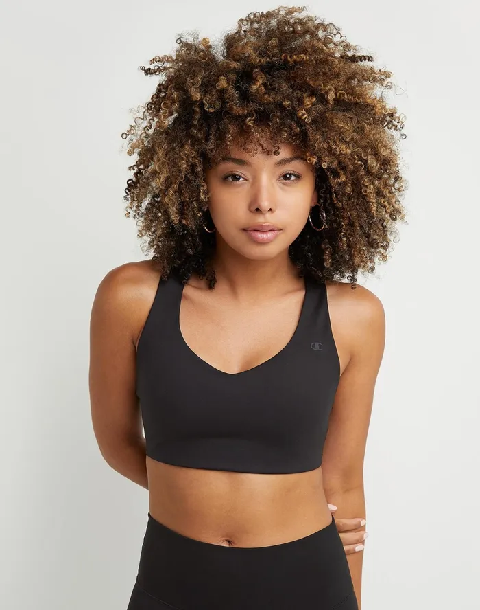 Soft Touch VNeck Sports Bra C Logo Black Women Champion Sports Bras and Bralettes