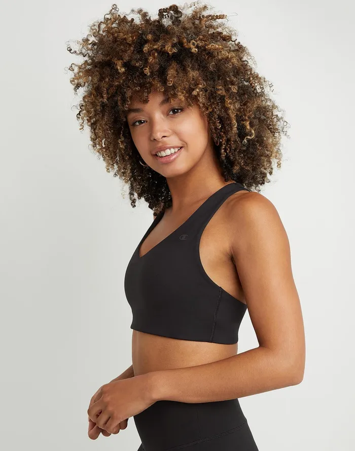 Soft Touch VNeck Sports Bra C Logo Black Women Champion Sports Bras and Bralettes