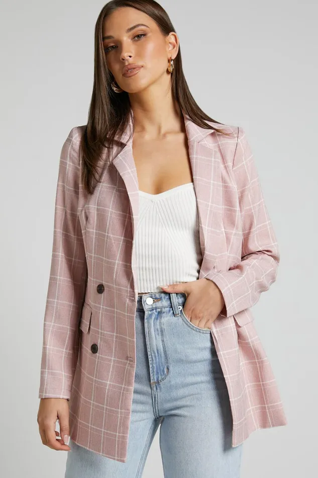 Sort It Out Blazer 8211 Double Breasted Blazer In Blush Check Women Showpo Blazers