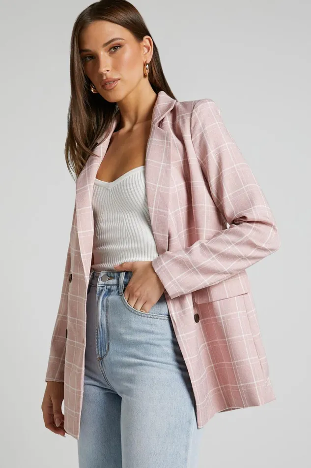 Sort It Out Blazer 8211 Double Breasted Blazer In Blush Check Women Showpo Blazers