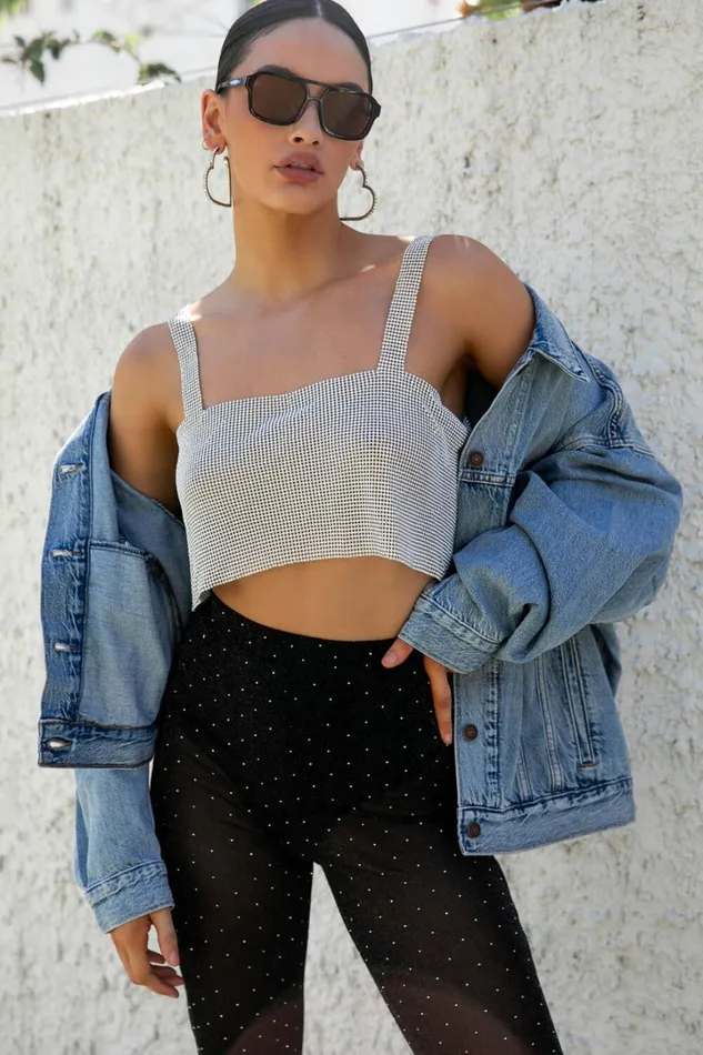 Starry Nights Top 8211 Mesh Cropped Top In Silver Women Showpo Tops