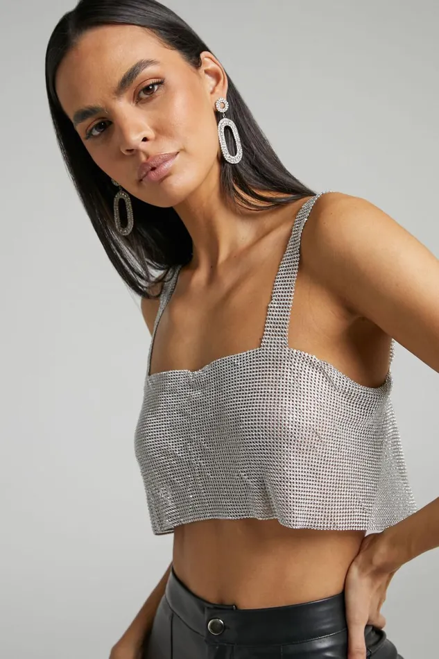 Starry Nights Top 8211 Mesh Cropped Top In Silver Women Showpo Tops