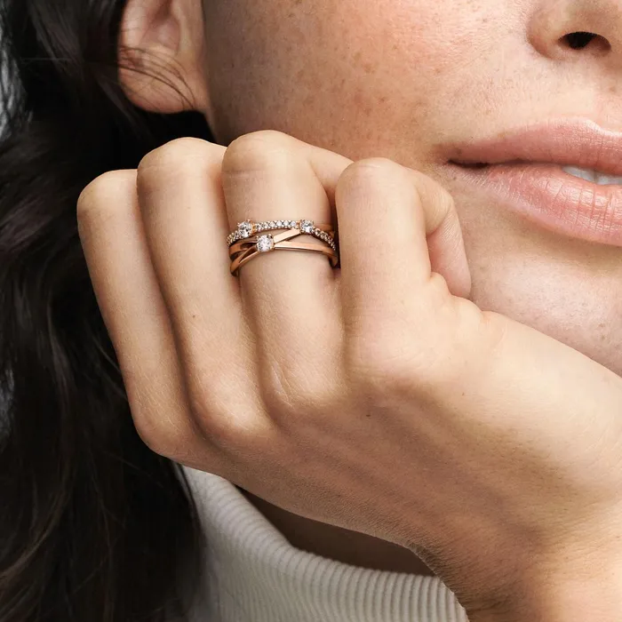 Statement Rings Women Pandora Sparkling Triple Band Ring Rose Gold Plated