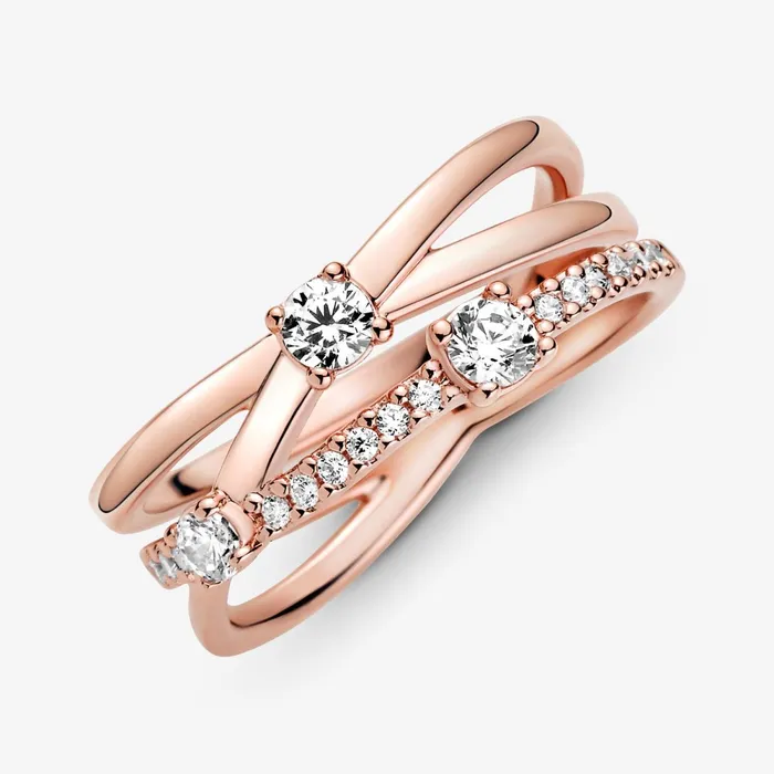 Statement Rings Women Pandora Sparkling Triple Band Ring Rose Gold Plated
