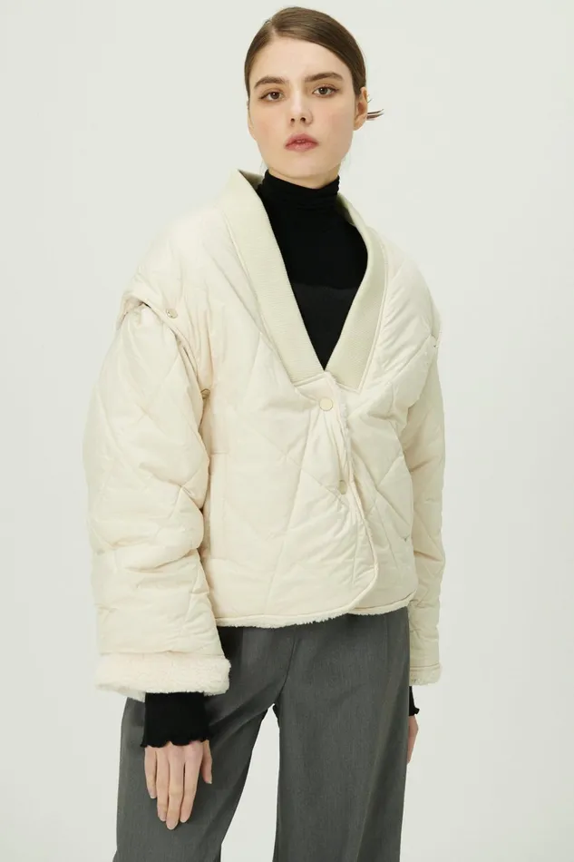 Storets Eileen Quilted Sherpa Coat WDetachable Sleeve Women Jackets and Coats