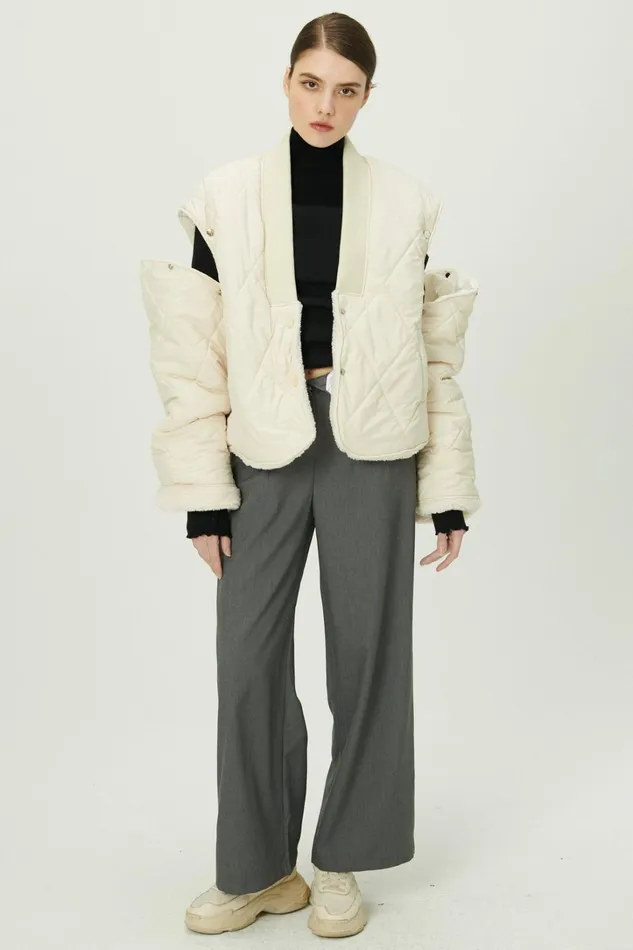 Storets Eileen Quilted Sherpa Coat WDetachable Sleeve Women Jackets and Coats