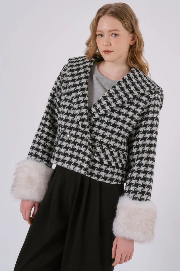 Storets Poline Faux Fur Houndstooth Jacket Women Jackets and Coats Storets Poline Faux Fur Houndstooth Jacket Women Jackets and Coats