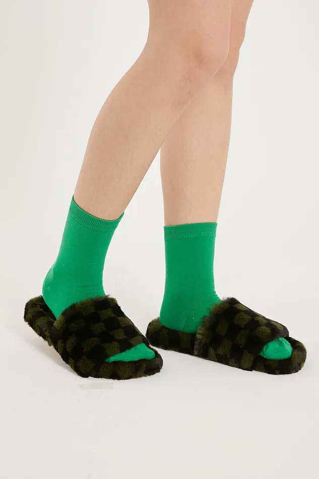 Storets Yva Checkerboard Faux Fur Open Slipper Women Shoes