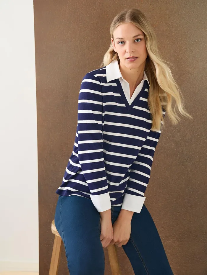 Striped Collared Twofer LayeredLook Top Women Jones New York Tops and Blouses Striped Collared Twofer LayeredLook Top Women Jones New York Tops and Blouses