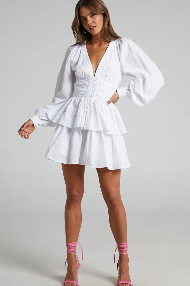Suki Mini Dress 8211 Plunge Neck Balloon Sleeve Tiered Ruffle Dress In White Women Showpo Conscious Suki Mini Dress 8211 Plunge Neck Balloon Sleeve Tiered Ruffle Dress In White Women Showpo Conscious