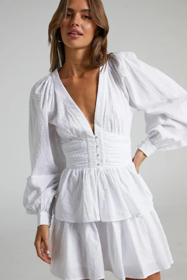 Suki Mini Dress 8211 Plunge Neck Balloon Sleeve Tiered Ruffle Dress In White Women Showpo Conscious