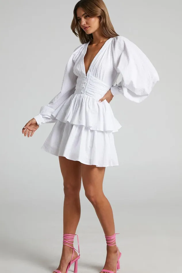Suki Mini Dress 8211 Plunge Neck Balloon Sleeve Tiered Ruffle Dress In White Women Showpo Conscious