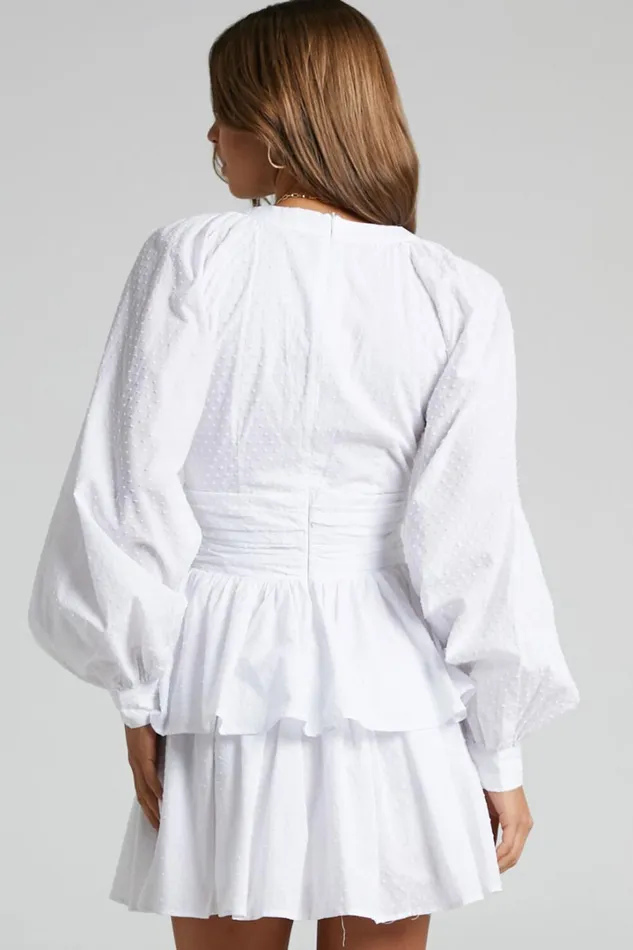 Suki Mini Dress 8211 Plunge Neck Balloon Sleeve Tiered Ruffle Dress In White Women Showpo Conscious