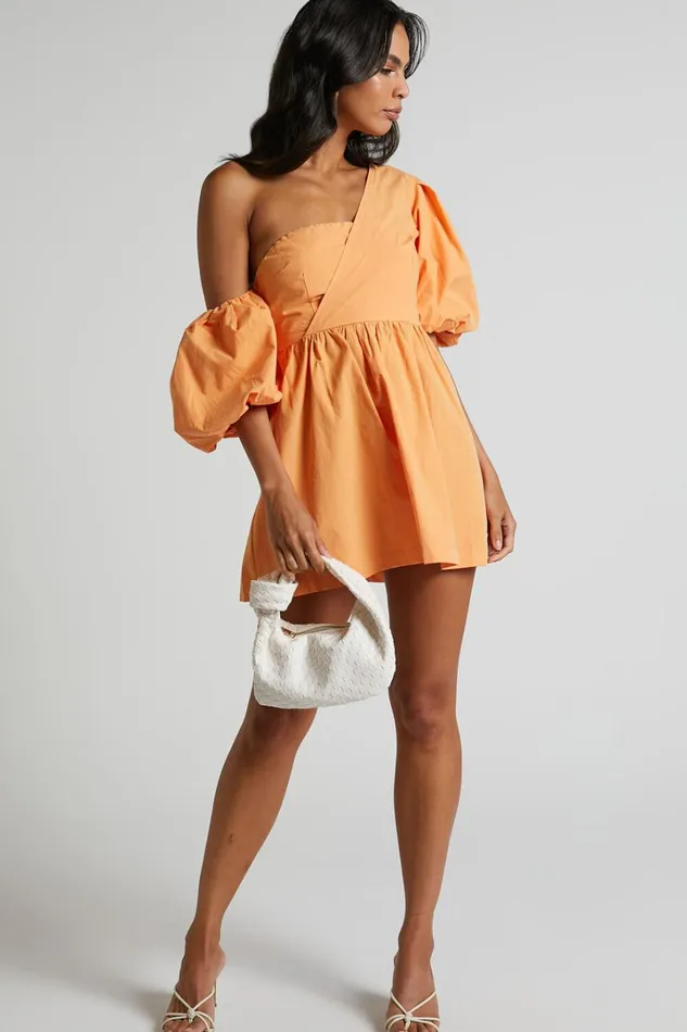 Sula Mini Dress 8211 Asymmetric Off One Shoulder Puff Sleeve Dress In Sherbet Orange Women Showpo Dresses