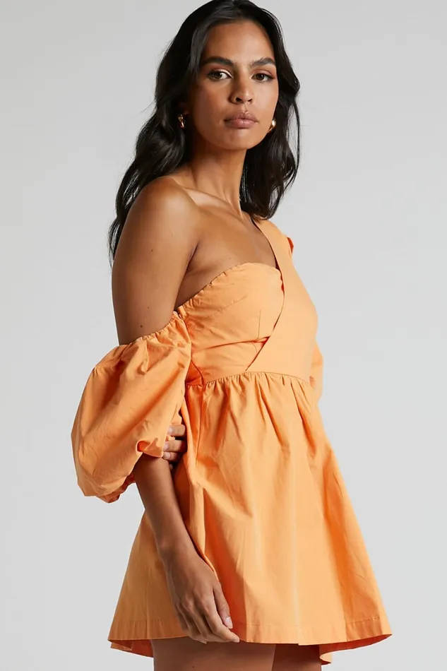 Sula Mini Dress 8211 Asymmetric Off One Shoulder Puff Sleeve Dress In Sherbet Orange Women Showpo Dresses