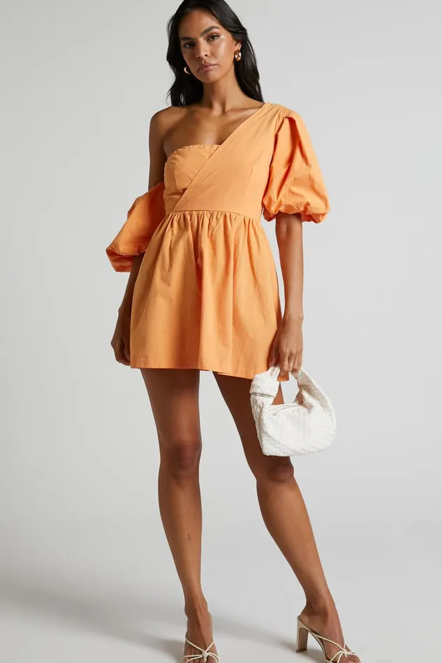 Sula Mini Dress 8211 Asymmetric Off One Shoulder Puff Sleeve Dress In Sherbet Orange Women Showpo Dresses