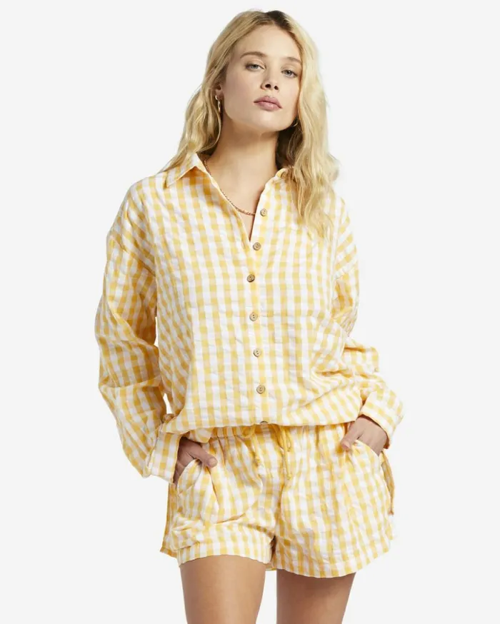 Sunshine Check Long Sleeve Shirt Gold Women Billabong Tops