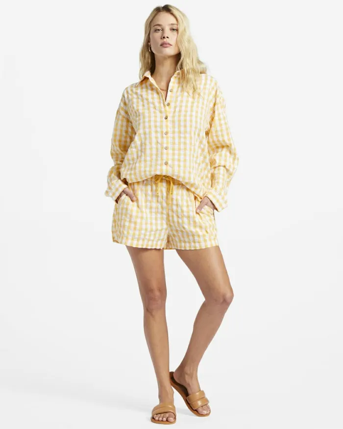 Sunshine Check Long Sleeve Shirt Gold Women Billabong Tops