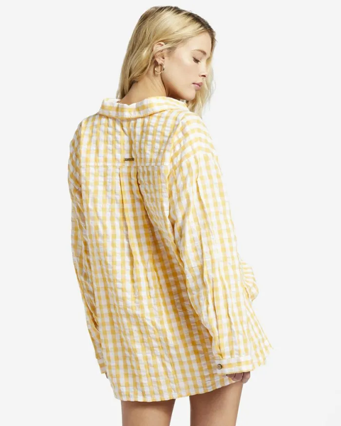 Sunshine Check Long Sleeve Shirt Gold Women Billabong Tops