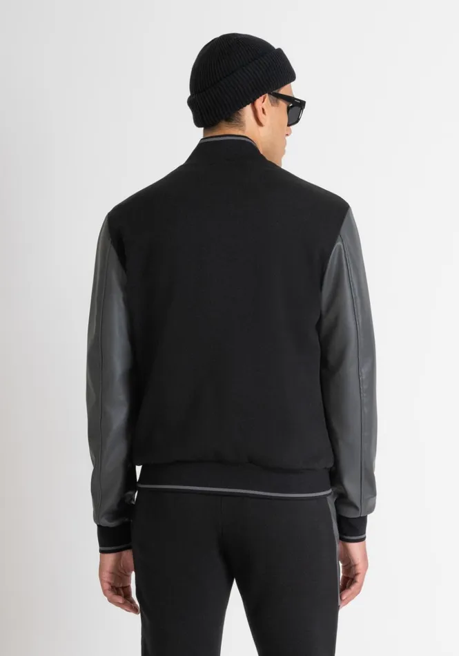 Sweatshirts Men Antony Morato Regular Fit College Sweatshirt In Cotton Blend With Faux Leather Sleeves Black