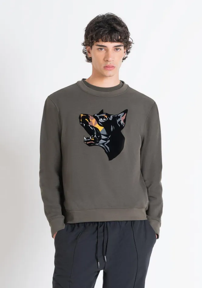 Sweatshirts Men Antony Morato Regular Fit Sweatshirt In Green Cotton Blend With Dobermann Print Dark Olive Green Sweatshirts Men Antony Morato Regular Fit Sweatshirt In Green Cotton Blend With Dobermann Print Dark Olive Green