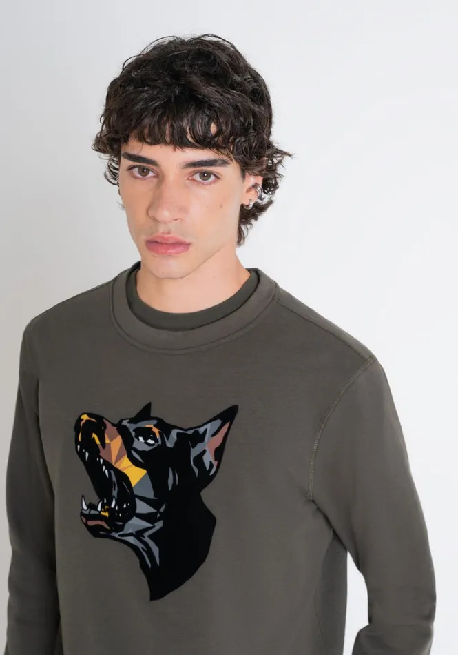 Sweatshirts Men Antony Morato Regular Fit Sweatshirt In Green Cotton Blend With Dobermann Print Dark Olive Green