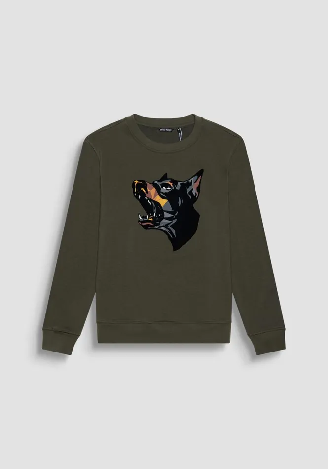 Sweatshirts Men Antony Morato Regular Fit Sweatshirt In Green Cotton Blend With Dobermann Print Dark Olive Green