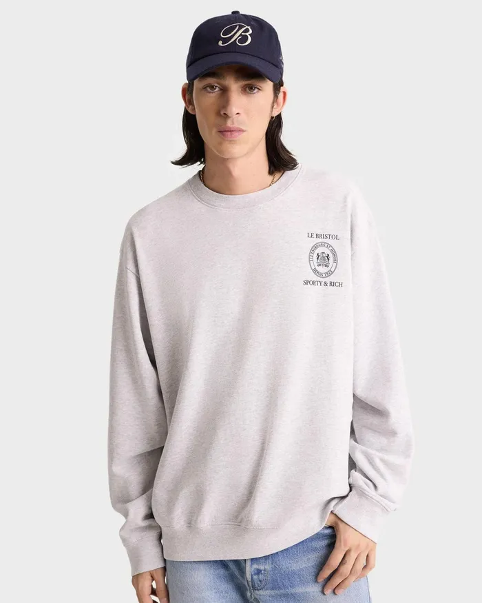 Sweatshirts Men Sporty and Rich Crest Seal 100th Crewneck 8211 Heather GrayNavy