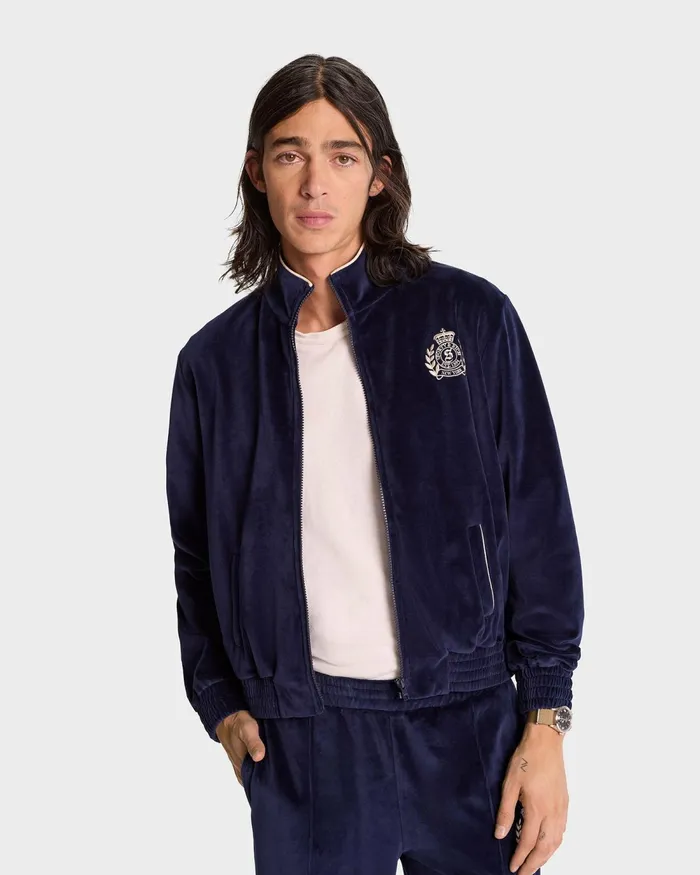 Sweatshirts Women Sporty and Rich NY Crest Velour Track Jacket 8211 NavyCream