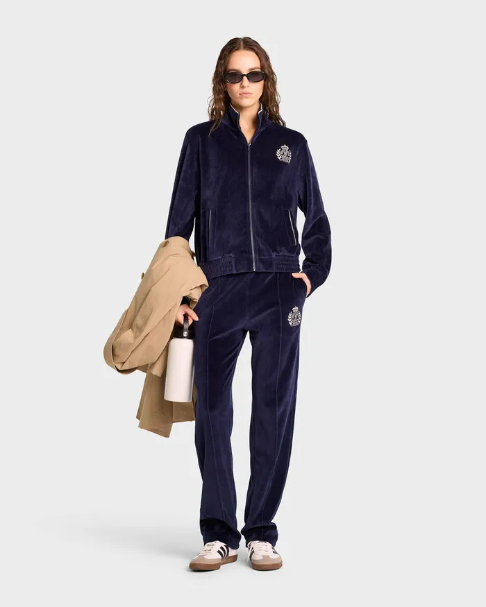 Sweatshirts Women Sporty and Rich NY Crest Velour Track Jacket 8211 NavyCream