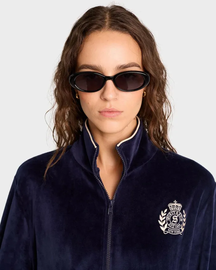 Sweatshirts Women Sporty and Rich NY Crest Velour Track Jacket 8211 NavyCream
