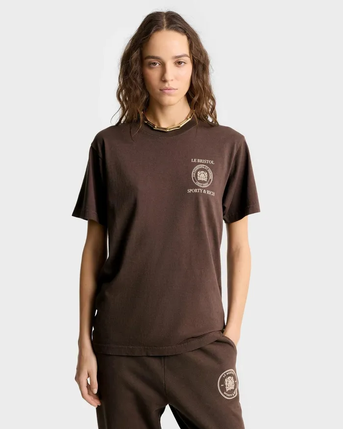 TShirts and Tops Women Sporty and Rich Crest Seal 100th T Shirt 8211 ChocolateCream