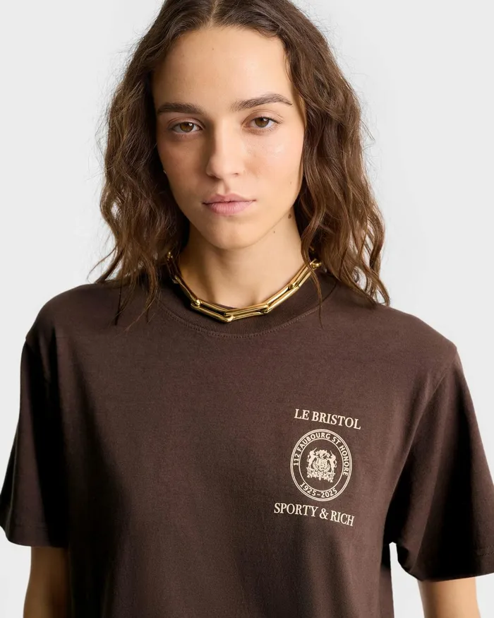 TShirts and Tops Women Sporty and Rich Crest Seal 100th T Shirt 8211 ChocolateCream