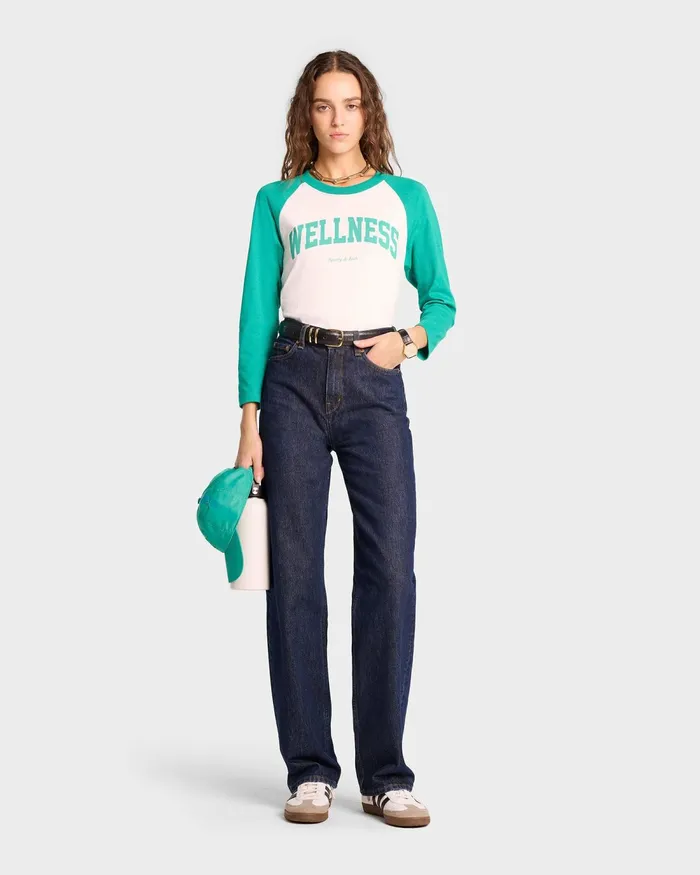TShirts and Tops Women Sporty and Rich Wellness Ivy Baseball Tee 8211 WhiteSpring Green