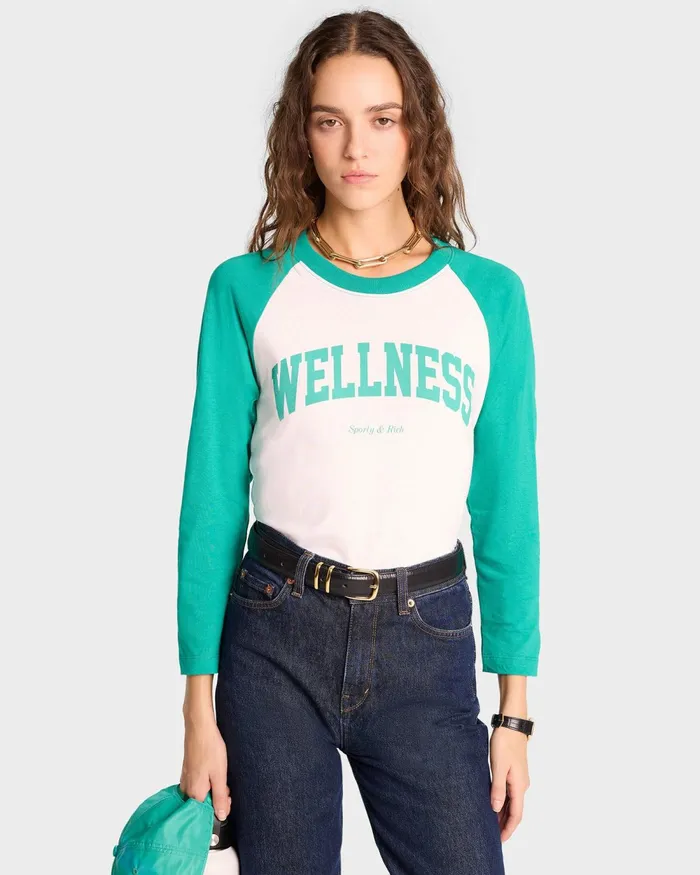 TShirts and Tops Women Sporty and Rich Wellness Ivy Baseball Tee 8211 WhiteSpring Green