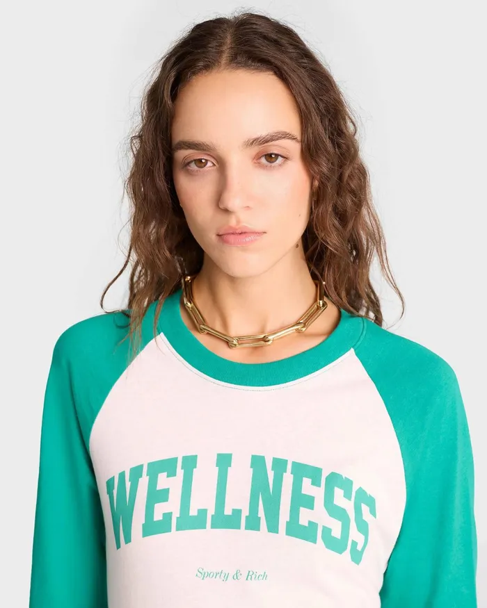 TShirts and Tops Women Sporty and Rich Wellness Ivy Baseball Tee 8211 WhiteSpring Green