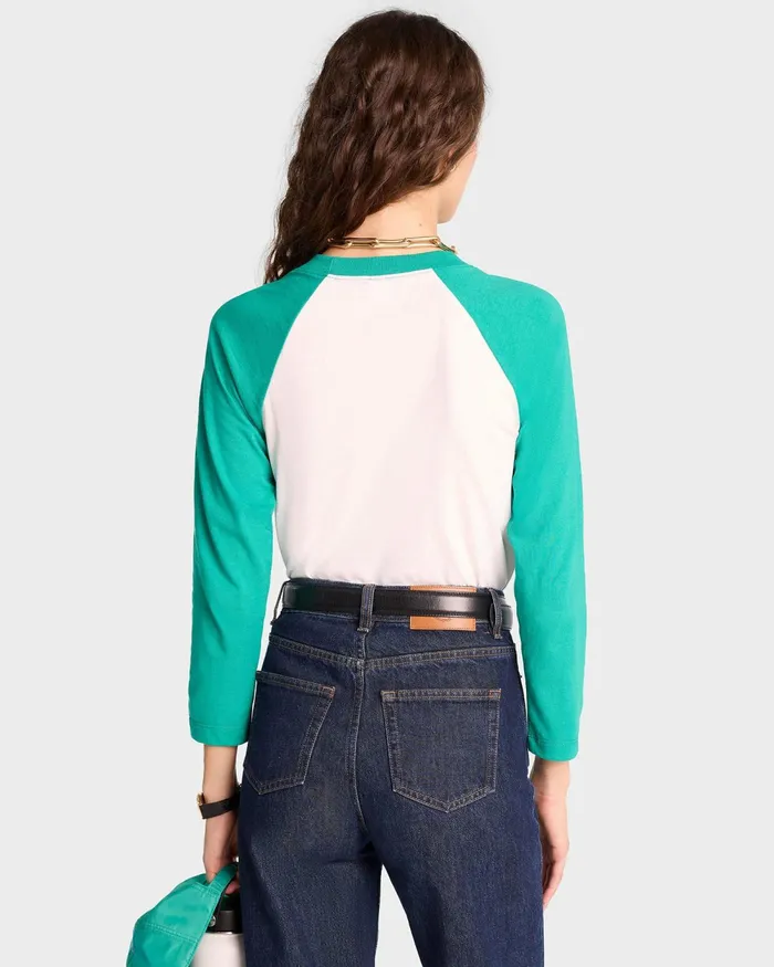 TShirts and Tops Women Sporty and Rich Wellness Ivy Baseball Tee 8211 WhiteSpring Green