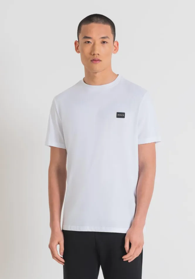 TShirts And Polo Men Antony Morato Regular Fit Cotton TShirt With Rubberised Plaque And Metal Logo White TShirts And Polo Men Antony Morato Regular Fit Cotton TShirt With Rubberised Plaque And Metal Logo White