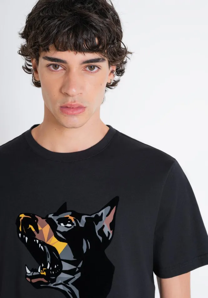 TShirts And Polo Men Antony Morato Regular Fit TShirt In Black Cotton Jersey With Dobermann Print Black