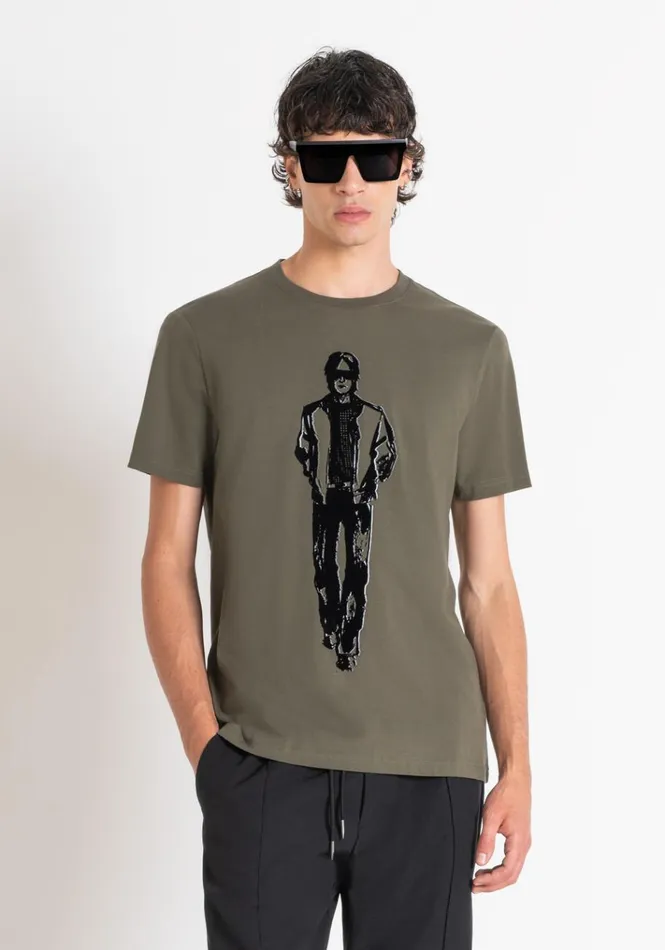 TShirts And Polo Men Antony Morato Regular Fit TShirt In Cotton Jersey With Laminated Print Army Green TShirts And Polo Men Antony Morato Regular Fit TShirt In Cotton Jersey With Laminated Print Army Green