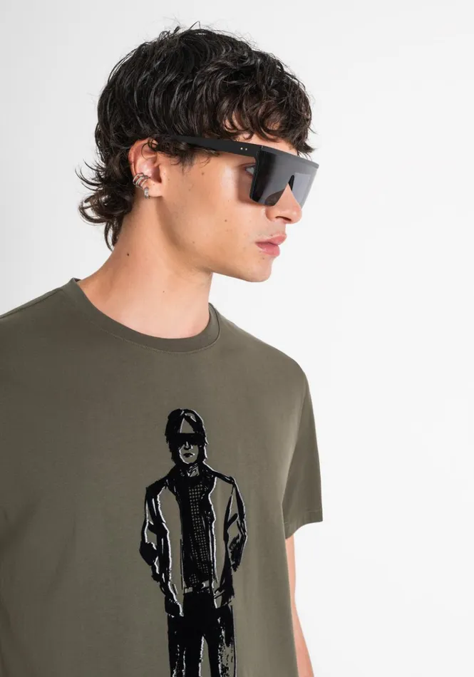 TShirts And Polo Men Antony Morato Regular Fit TShirt In Cotton Jersey With Laminated Print Army Green